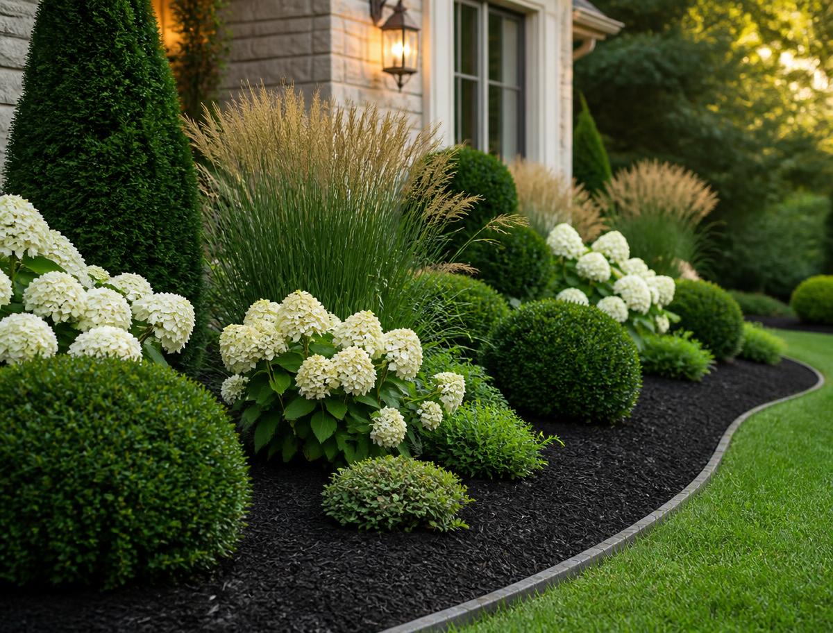 Refined residential garden bed with fresh mulch and healthy shrubs